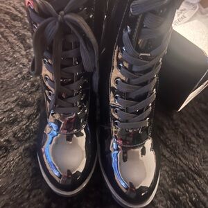 Glossy Black Lace-Up Boots